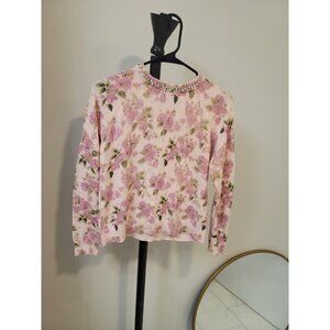 Minnie Rose Cotton Cashmere Printed Crew W/jewels Sweater Pink Floral Size M